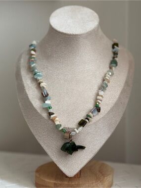 Multi-Strand Gemstone Rope Necklace Carved Shell Stone Elephant Pendant Toggle